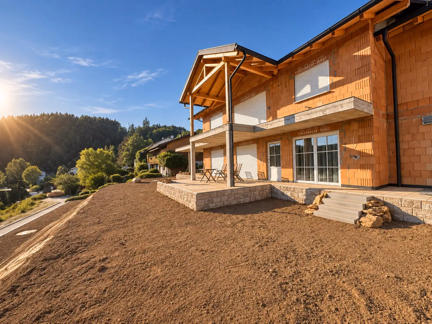 Fertiggestelltes Haus mit neuer Terrasse im Abendlicht