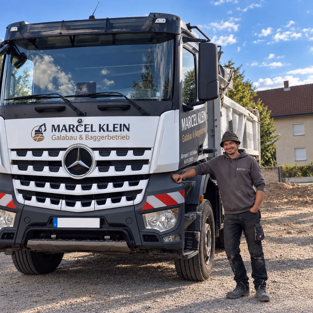 Marcel Klein vor seinem beschrifteten Baggerbetrieb-LKW